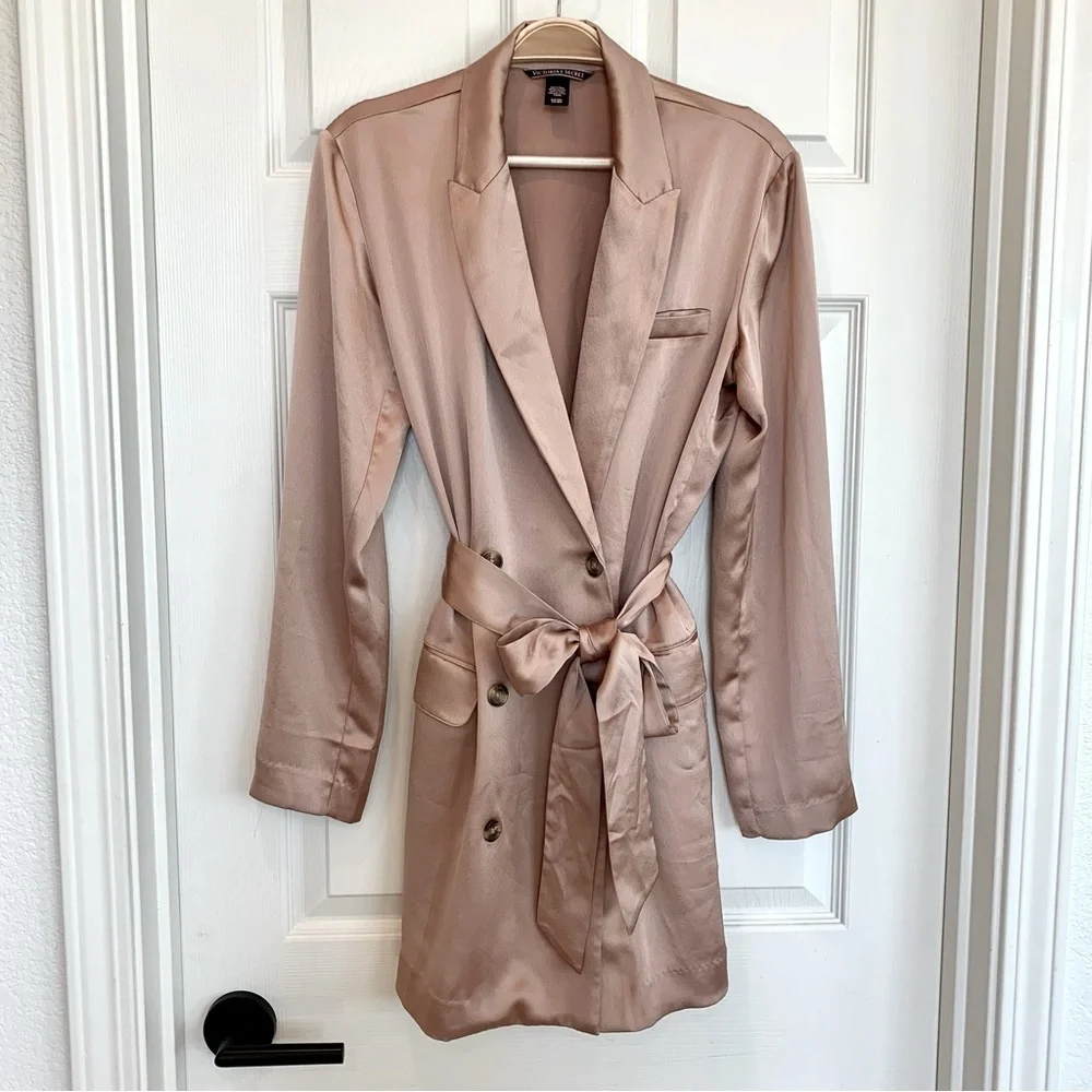 🌙 VS Beige Satin Double-Breasted Jacket Trench Coat Lingerie Robe Style Dress